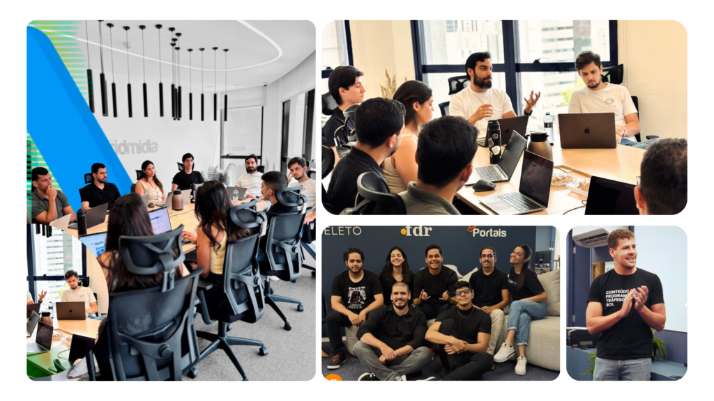 The Gride Midia team behind Happen Place, working together in the office
